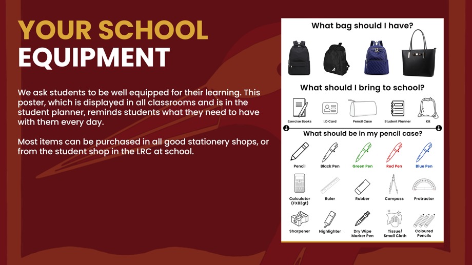 An image explaining the student equipment list