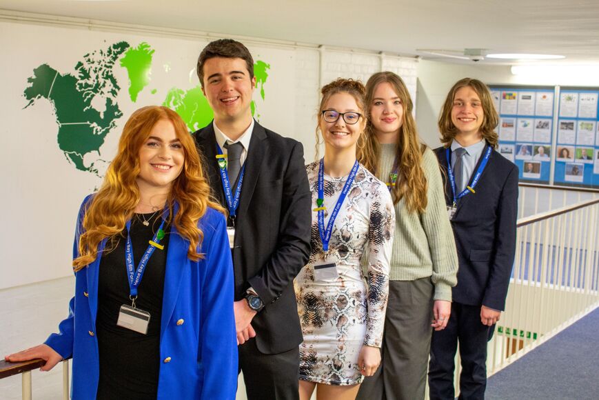 Formal photograph of Head Students in school corridor