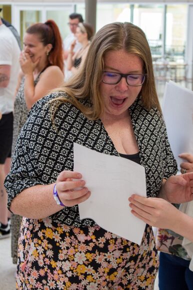 Student looks shocked and delighted receiving results
