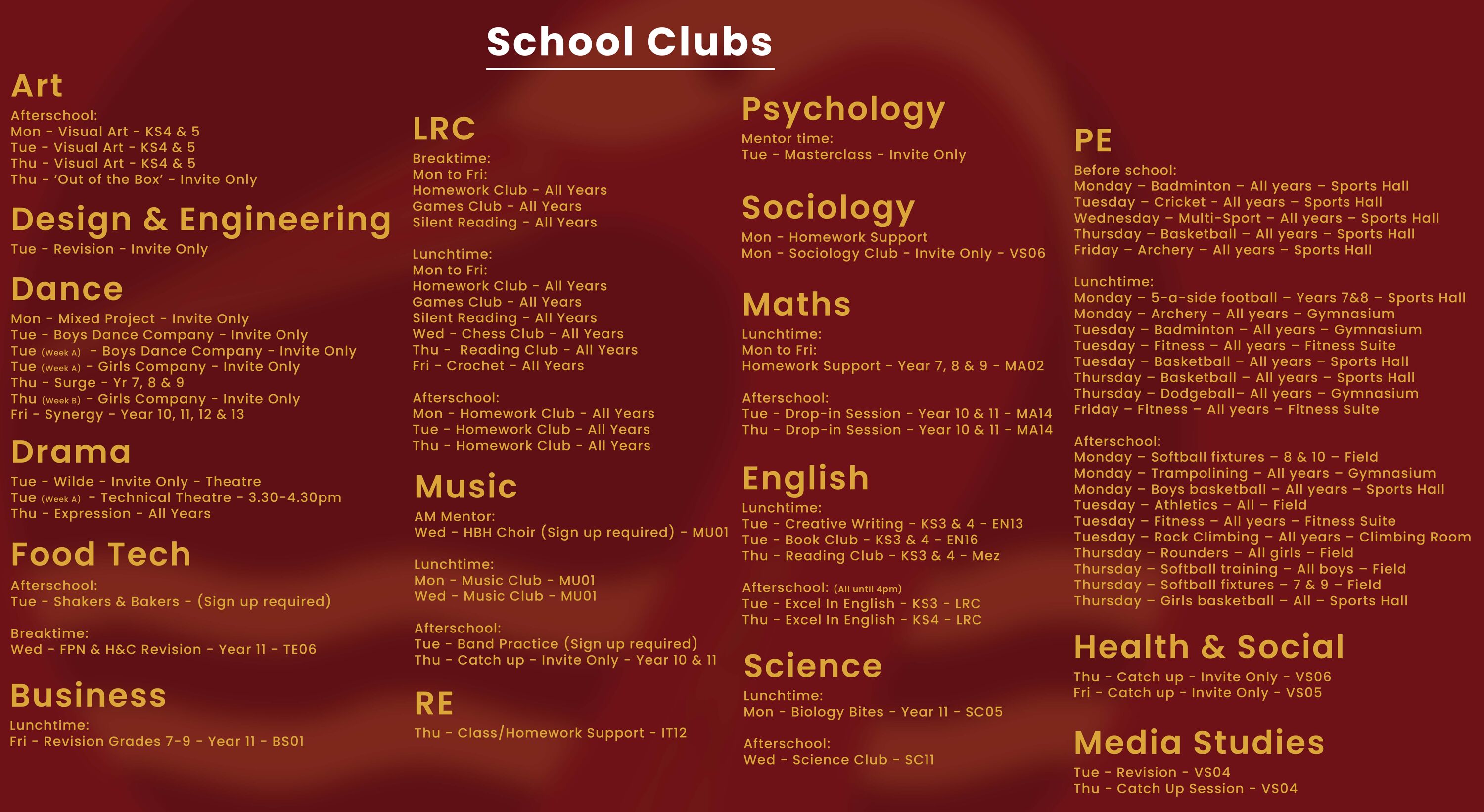 List of School Clubs and Activities for 2023-4 Academic Year