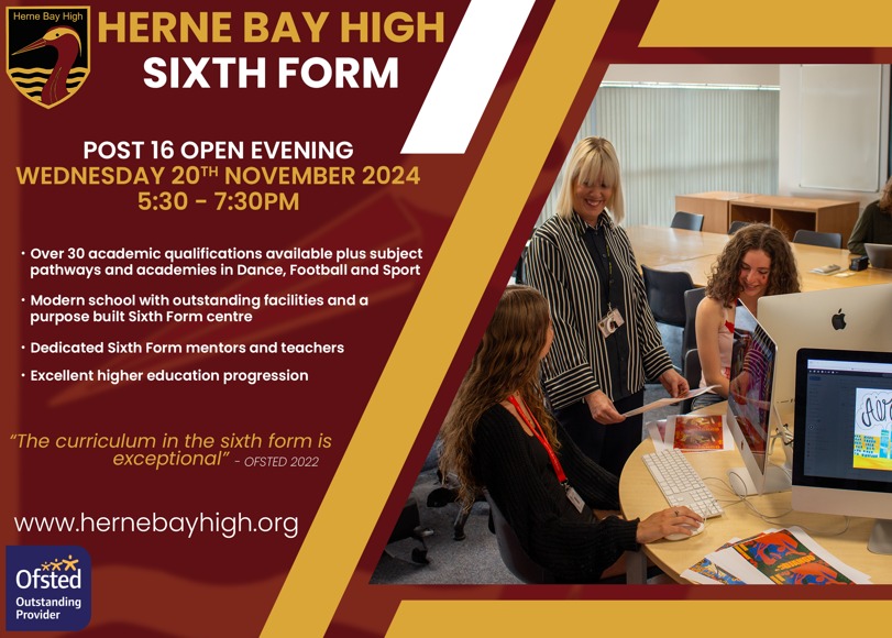 Advert for Sixth Form Open Evening featuring date and times and a photograph of two students with a teacher